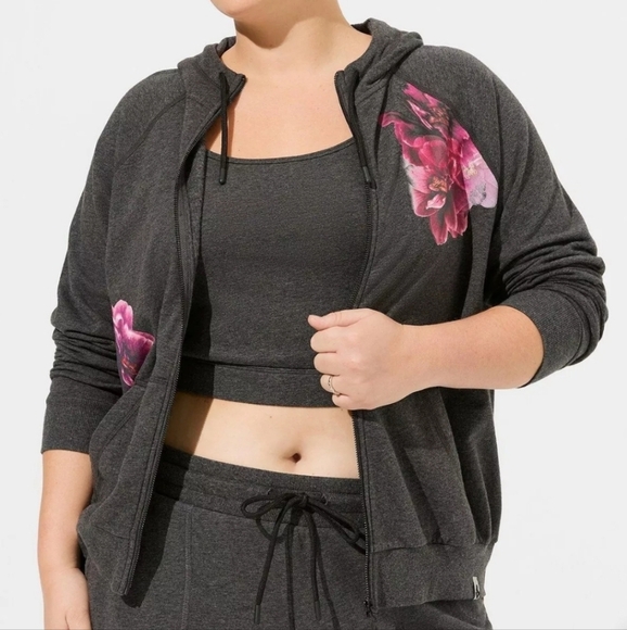 torrid Tops - Torrid Active Full Zip Hoodie Gray Pink Floral Fleece Plus 2X